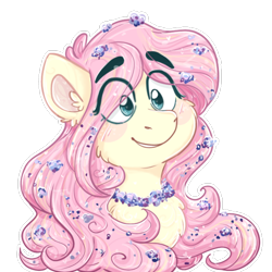 Size: 768x768 | Tagged: safe, artist:fluttershyfilly-yay, fluttershy, pegasus, pony, g4, bust, cheek fluff, chest fluff, cute, ear fluff, eyebrows, eyebrows visible through hair, female, floral necklace, flower, flower in hair, mare, outline, portrait, shyabetes, simple background, smiling, solo, thick eyebrows, three quarter view, transparent background, white outline