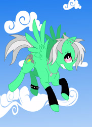 Size: 1696x2325 | Tagged: safe, artist:rikastormfeldthefox, oc, oc only, oc:chaos storm, pegasus, pony, angry, cloud, ear piercing, female, flying, jewelry, leg warmers, mare, necklace, pegasus oc, piercing, solo, spiked wristband, wings, wristband