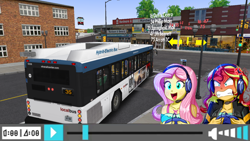 Size: 1366x768 | Tagged: safe, artist:electrahybrida, artist:the-butch-x, edit, fluttershy, sunset shimmer, equestria girls, equestria girls series, g4, game stream, spoiler:eqg series (season 2), bus, bus stop, cayuga, cayuga and northern transit authority, driving, gamer sunset, gamershy, gillig advantage, green light, omsi, omsi 2, pc game, rageset shimmer, route arrows, simulation, simulator, star trek, star trek: discovery, sunset frustrated at game, sunset shimmer frustrated at game, this will end in accidents, this will end in lawsuits, traffic light, video game