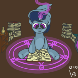 Size: 800x800 | Tagged: safe, artist:vohd, oc, oc only, oc:shinystar, pony, unicorn, animated, book, commission, frame by frame, hat, lamp, magic, magic circle, page, reading, sitting, solo, underhoof