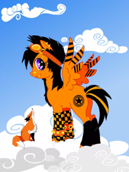 Size: 1562x2073 | Tagged: safe, artist:rikastormfeldthefox, oc, oc only, fox, pegasus, pony, clothes, cloud, duo, female, goggles, mare, on a cloud, pegasus oc, socks, wings