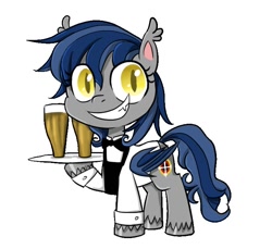 Size: 726x666 | Tagged: safe, artist:ce2438, oc, oc only, bat pony, pony, g4.5, my little pony: pony life, alcohol, bat pony oc, bat wings, beer, bowtie, clothes, grin, hoof hold, raised hoof, simple background, smiling, solo, unshorn fetlocks, waiter, white background, wings