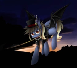 Size: 904x802 | Tagged: safe, artist:ce2438, oc, oc only, oc:vesper flare, bat pony, pony, bat pony oc, bat wings, clothes, female, flying, hat, mare, mouth hold, outdoors, solo, sword, twilight (astronomy), weapon, wings
