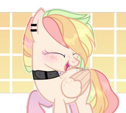 Size: 1580x1416 | Tagged: safe, artist:mint-light, oc, oc only, pegasus, pony, collar, ear piercing, earring, eyelashes, eyes closed, jewelry, multicolored hair, open mouth, pegasus oc, piercing, rainbow hair, simple background, smiling, solo, transparent background, wings