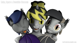 Size: 1280x720 | Tagged: safe, artist:batponyecho, oc, oc only, oc:echo, oc:eventide blossom, oc:sparc, bat pony, pony, unicorn, vampire, vampony, 3d, :p, bat pony oc, bat wings, eyes closed, fangs, looking at you, male, simple background, smiling, smiling at you, source filmmaker, spread wings, stallion, tongue out, white background, wings
