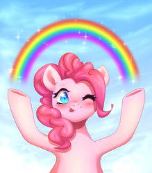 Size: 2189x2500 | Tagged: safe, artist:avrameow, pinkie pie, earth pony, pony, g4, :p, blushing, cloud, cute, diapinkes, high res, idiot box, imagination, one eye closed, rainbow, smiling at you, spongebob squarepants, tongue out, wink