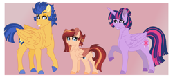 Size: 11112x5306 | Tagged: safe, artist:roses-are-gold, flash sentry, twilight sparkle, oc, oc:ember sparks, alicorn, pegasus, pony, g4, absurd resolution, female, filly, male, offspring, parent:flash sentry, parent:twilight sparkle, parents:flashlight, ship:flashlight, shipping, straight, twilight sparkle (alicorn), two toned wings, wings