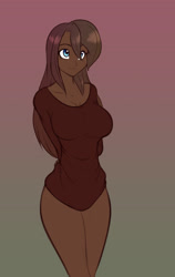 Size: 1520x2400 | Tagged: safe, artist:scorpdk, princess luna, human, g4, anime, big breasts, breasts, busty princess luna, clothes, cute, dark skin, female, gradient background, hands behind back, humanized, lunabetes, monochrome, natural hair color, partial color, schrödinger's pantsu, simple background, smiling, solo, sweater