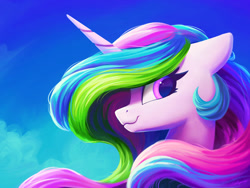 Size: 1200x900 | Tagged: safe, artist:lollipony, princess celestia, alicorn, pony, g4, :3, bust, colored pupils, cute, cutelestia, eyelashes, female, floppy ears, looking at you, mare, missing accessory, portrait, profile, sky, sky background, smiling, solo