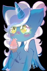 Size: 540x806 | Tagged: safe, artist:qamarun, oc, oc:fleurbelle, alicorn, anthro, adorabelle, alicorn oc, bow, chest fluff, cute, female, food, hair bow, hand, horn, ice cream, licking, mare, tongue out, wingding eyes, wings, yellow eyes