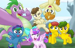 Size: 1600x1036 | Tagged: safe, artist:aleximusprime, pound cake, princess flurry heart, pumpkin cake, spike, oc, oc:annie smith, oc:apple chip, oc:storm streak, alicorn, dragon, earth pony, pegasus, pony, unicorn, flurry heart's story, g4, bow, canterlot, cartoon physics, chubby, cute, fat, fat spike, filly, filly flurry heart, goofing off, group photo, laughing, next gen mane six, next generation, offspring, older, older flurry heart, older pound cake, older pumpkin cake, older spike, parent:applejack, parent:oc:thunderhead, parent:rainbow dash, parent:tex, parents:canon x oc, parents:texjack, pigtails, plump, selfie, silly, thumbs up, winged spike, wings, winking at you