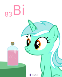Size: 6400x8000 | Tagged: safe, artist:parclytaxel, lyra heartstrings, pony, unicorn, series:joycall6's periodic table, g4, .svg available, absurd resolution, bismuth, bismuthum, bottle, chemistry, female, mare, pepto-bismol, periodic table, simple background, sitting, sitting lyra, smiling, solo, table, vector, white background