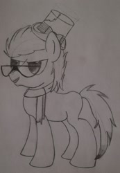 Size: 1545x2231 | Tagged: safe, artist:toli mintdrop, oc, oc only, oc:black scarf, pony, alternate design, clothes, full body, glasses, hat, pencil drawing, scarf, solo, top hat, traditional art, unfinished art