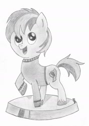 Size: 1087x1539 | Tagged: safe, artist:toli mintdrop, oc, oc only, oc:blue gear, earth pony, pony, clothes, figurine, full body, hoodie, pencil drawing, pocket ponies, solo, traditional art