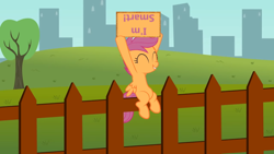Size: 800x450 | Tagged: safe, artist:agrol, edit, editor:scootabuser, scootaloo, pegasus, pony, g4, blatant lies, building, female, fence, grass, sign, sitting, skyline, solo, tree, upside down