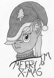 Size: 1201x1745 | Tagged: safe, artist:toli mintdrop, oc, oc only, oc:blue gear, earth pony, pony, cap, christmas, clothes, hat, holiday, hoodie, santa hat, solo, text, traditional art