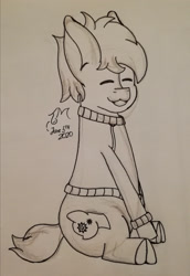 Size: 1616x2354 | Tagged: safe, artist:toli mintdrop, oc, oc only, oc:blue gear, earth pony, pony, anatomically incorrect, clothes, full body, hoodie, lineart, sitting, solo, traditional art