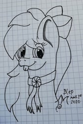 Size: 1510x2231 | Tagged: safe, artist:toli mintdrop, oc, oc only, oc:frozen snow, earth pony, pony, :p, bow, graph paper, lineart, ribbon, solo, tongue out, traditional art