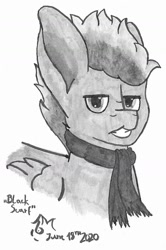 Size: 996x1504 | Tagged: safe, artist:toli mintdrop, oc, oc only, oc:black scarf, pegasus, pony, base used, clothes, grayscale, monochrome, scarf, solo, traditional art