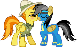 Size: 7000x4294 | Tagged: safe, artist:n0kkun, daring do, spitfire, pegasus, pony, g4, bedroom eyes, blushing, clothes, clothes swap, daringfire, eyes closed, female, goggles, hat, kissing, lesbian, mare, raised hoof, shipping, shirt, show accurate, simple background, transparent background, uniform, wonderbolts, wonderbolts uniform