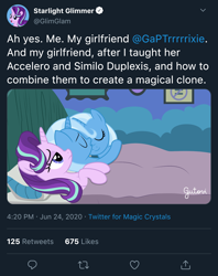 Size: 1920x2424 | Tagged: safe, artist:gutovi, starlight glimmer, trixie, pony, unicorn, g4, accelero, ah yes me my girlfriend and her x, bed, blanket, clone, cuddling, duality, exploitable meme, female, hug, inconvenient trixie, lesbian, meme, meta, narcissism, picture frame, pillow, self ponidox, selfcest, ship:startrix, shipping, similo duplexis, starlight's room, text, trixtrix, twitter