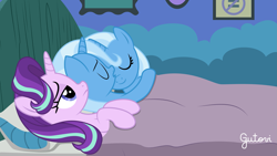 Size: 3151x1772 | Tagged: safe, artist:gutovi, starlight glimmer, trixie, pony, unicorn, g4, accelero, ah yes me my girlfriend and her x, bed, blanket, clone, cuddling, duality, exploitable meme, female, hug, inconvenient trixie, lesbian, meme, meta, narcissism, picture frame, pillow, self ponidox, selfcest, ship:startrix, shipping, similo duplexis, starlight's room, trixtrix