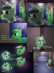 Size: 2600x3462 | Tagged: safe, artist:jesterpi, oc, oc:jester pi, oc:shining emerald, pony, comic:a jester's tale, chatting, city, clothes, comic, elevator, evening, hall, heading out, high res, hotel, maid, manehattan, night