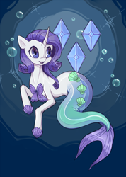 Size: 650x912 | Tagged: safe, artist:misukitty, rarity, mermaid, merpony, g4, scare master, blue mane, bubble, clothes, costume, cute, cutie mark, female, fish tail, horn, mare, mermaidized, mermarity, nightmare night costume, open mouth, raribetes, seashell, seashell bra, smiling, solo, species swap, tail, underwater, water