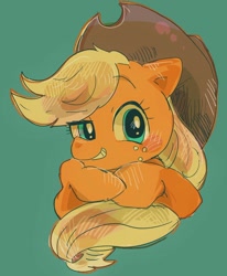 Size: 1432x1735 | Tagged: safe, artist:osawari64, applejack, earth pony, pony, g4, bust, cowboy hat, cute, female, green background, hat, jackabetes, mare, simple background, smiling, solo