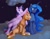 Size: 4620x3570 | Tagged: safe, artist:silfoe, princess luna, twilight sparkle, oc, oc:fireheart(fire), alicorn, pegasus, pony, g4, adopted offspring, commission, female, freckles, male, mare, mother and child, mother and son, motherly love, parent:princess luna, stallion, trio, twilight sparkle (alicorn), wholesome