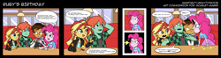 Size: 3950x1050 | Tagged: safe, artist:graytyphoon, colorist:scarletsabre, pinkie pie, sunset shimmer, oc, oc:copper plume, oc:ruby sword, equestria girls, g4, angry, canon x oc, colored, comic, copperpie, female, male, shipping, straight, sunsword