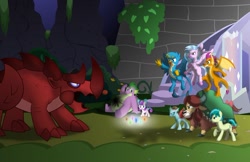 Size: 1280x829 | Tagged: safe, artist:aleximusprime, gallus, ocellus, princess flurry heart, sandbar, silverstream, smolder, spike, tree of harmony, yona, oc, oc:general scutellum, alicorn, changeling, dragon, earth pony, griffon, hippogriff, pony, yak, fanfic:elements assemble, flurry heart's story, g4, angry, battle ready, castle of the royal pony sisters, determined, element of generosity, element of honesty, element of kindness, element of laughter, element of loyalty, element of magic, elements of harmony, fat, fat spike, gritted teeth, group, monster, new elements of harmony, red rhino, shards, teeth, textless, the red beast, toasty rhino boi
