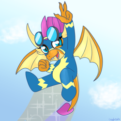 Size: 671x671 | Tagged: safe, artist:anonymous, smolder, dragon, g4, 4chan, clothes, cute, dragoness, drawthread, fangs, female, flying, goggles, happy, non-pegasus wonderbolt, smolder the wonderbolt, smolderbetes, solo, uniform, wonderbolts, wonderbolts uniform