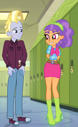 Size: 2137x3497 | Tagged: safe, artist:gmaplay, artist:sparkling-sunset-s08, edit, plaid stripes, star tracker, equestria girls, g4, once upon a zeppelin, the saddle row review, blushing, boots, braces, canterlot high, clothes, equestria girls-ified, female, hallway, high heel boots, high res, lockers, male, midriff, shipping, shoes, show accurate, skirt, sneakers, starstripes, straight