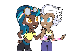 Size: 1024x713 | Tagged: safe, artist:icicle-niceicle-1517, artist:kb-gamerartist, color edit, edit, indigo zap, night glider, human, g4, armband, clothes, collaboration, colored, dark skin, ear piercing, earring, female, goggles, grin, humanized, indiglider, jewelry, lesbian, lesbian pride flag, looking at each other, midriff, nonbinary, nonbinary pride flag, pansexual, pansexual pride flag, pants, piercing, pride, pride flag, shipping, shirt, shorts, simple background, smiling, sweatband, t-shirt, tank top, transparent background, wristband