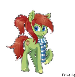 Size: 589x604 | Tagged: safe, artist:frikailgs, oc, oc only, oc:cherry love, earth pony, pony, clothes, cute, earth pony oc, looking at you, ponytail, raised leg, scarf, simple background, solo, white background