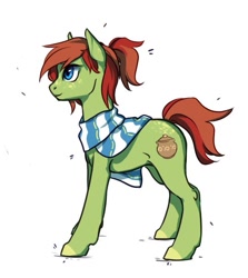Size: 539x604 | Tagged: artist needed, safe, oc, oc:cherry love, earth pony, pony, clothes, cute, earth pony oc, green coat, scarf, side view, simple background, white background