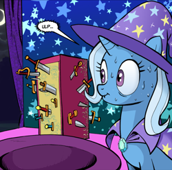 Size: 624x618 | Tagged: safe, artist:pencils, edit, trixie, pony, unicorn, comic:marble mare manquee, g4, box, cape, clothes, cropped, female, hat, mare, moon, oh no, solo, speech bubble, stage, stars, sweat, sweatdrop, sweating profusely, sword, trixie's cape, trixie's hat, weapon, you dun goofed