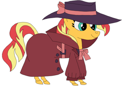 Size: 3208x2240 | Tagged: safe, artist:hubfanlover678, sunset shimmer, pony, g4, clothes, fedora, female, hat, high res, shadow spade, simple background, solo, trenchcoat, white background
