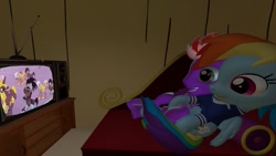 Size: 1600x900 | Tagged: safe, artist:blazerfury, derpibooru exclusive, rainbow dash, oc, oc:peppermint swirl, pegasus, pony, g4, 3d, fainting couch, female, gmod, holding hooves, male, smiling, straight, television