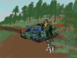 Size: 2000x1500 | Tagged: safe, artist:frostclaw, applejack, pony, g4, atg 2020, dialogue, fence, forest, newbie artist training grounds, tank (vehicle)
