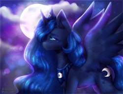 Size: 2600x2000 | Tagged: safe, artist:zefirka, princess luna, alicorn, pony, g4, cloud, crown, cutie mark, female, full moon, hair over one eye, high res, jewelry, looking at each other, moon, regalia, solo