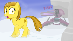 Size: 3900x2200 | Tagged: safe, artist:devfield, oc, oc only, oc:golden star, earth pony, pony, g4, atg 2020, beam, female, floating, halo (series), high res, imminent violence, lens flare, mare, newbie artist training grounds, rock, running, running away, shadow, shocked expression, snow, solo, surprised, the guardians, turret, two toned mane, two toned tail, wide eyes