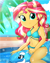 Size: 1900x2398 | Tagged: safe, artist:artmlpk, sunset shimmer, equestria girls, g4, adorable face, adorasexy, adorkable, bare shoulders, beach, beautiful, bikini, clothes, confused, cute, digital art, dork, female, floaty, inflatable, inflatable toy, inflatable whale, looking at you, palm tree, pool toy, riding, sexy, shimmerbetes, sleeveless, solo, summer, sunflare, swimming pool, swimsuit, topless, tree, water, watermark