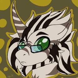 Size: 1280x1280 | Tagged: artist needed, safe, oc, oc only, oc:mkali, pony, zebra, zebracorn, abstract background, bust, curved horn, frown, glasses, horn, male, signature, solo, stallion