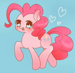Size: 1024x995 | Tagged: safe, artist:yukutamil, pinkie pie, earth pony, pony, g4, blue background, cute, diapinkes, female, heart, looking at you, mare, open mouth, simple background, smiling, smiling pinkie pie tolts left, solo