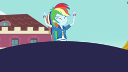 Size: 2560x1440 | Tagged: safe, artist:happaxgamma, edit, edited screencap, screencap, rainbow dash, equestria girls, g4, 1000 hours in ms paint, clothes, inflatable, inflation, pants