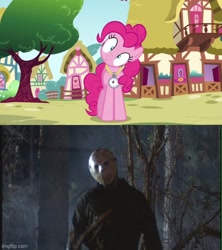 Size: 500x562 | Tagged: safe, edit, screencap, pinkie pie, earth pony, human, pony, undead, zombie, g4, too many pinkie pies, friday the 13th, head tilt, irl, jason voorhees, photo