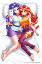 Size: 915x1400 | Tagged: safe, artist:racoonsan, rarity, sunset shimmer, equestria girls, anime, barefoot, beautiful, bed, bedroom eyes, belt, blushing, breasts, cellphone, clothes, duo, eyeshadow, feet, female, geode of shielding, human coloration, lesbian, magical geodes, makeup, music festival outfit, nail polish, pants, phone, pillow, selfie, shipping, shirt, skirt, smartphone, sunsarity, tanktop