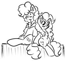 Size: 4593x3945 | Tagged: safe, artist:coco-drillo, cheese sandwich, pinkie pie, earth pony, pony, g4, blushing, chest fluff, clothes, ear blush, ear fluff, female, holding hooves, male, monochrome, natg2020, newbie artist training grounds, ship:cheesepie, shipping, shirt, simple background, sitting, straight, unprotected hoof holding, white background